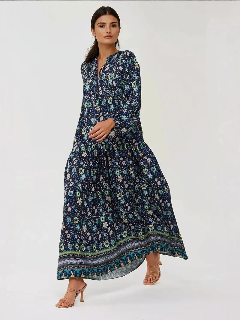 هيكاب Printed V-Neck Maxi Dress with Buttons